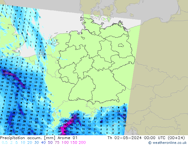 Precipitation accum. Arome 01 Čt 02.05.2024 00 UTC
