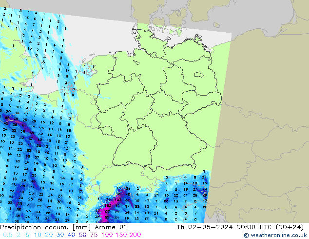 Precipitation accum. Arome 01 Th 02.05.2024 00 UTC