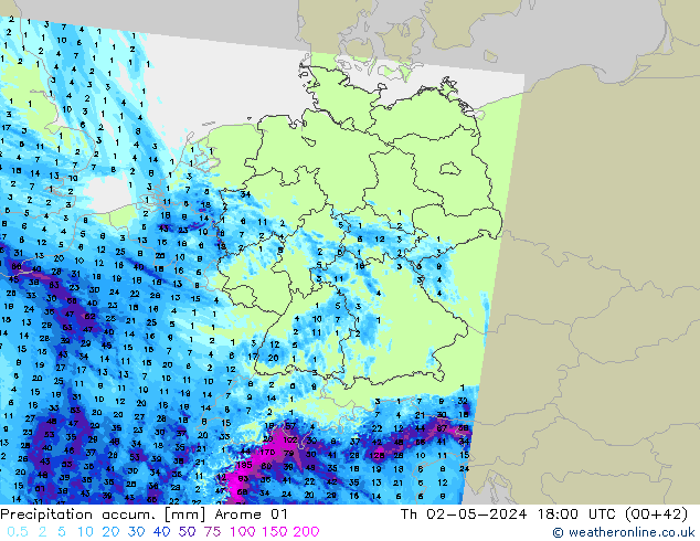 Precipitation accum. Arome 01 Th 02.05.2024 18 UTC