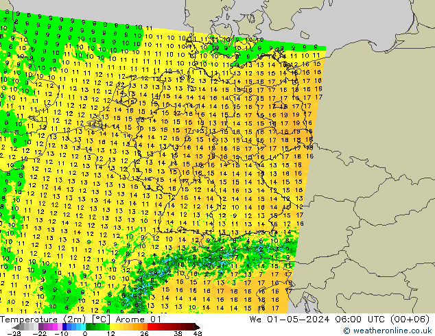 mapa temperatury (2m) Arome 01 śro. 01.05.2024 06 UTC