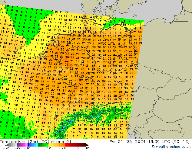 Sıcaklık Haritası (2m) Arome 01 Çar 01.05.2024 18 UTC