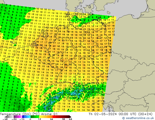 Temperaturkarte (2m) Arome 01 Do 02.05.2024 00 UTC