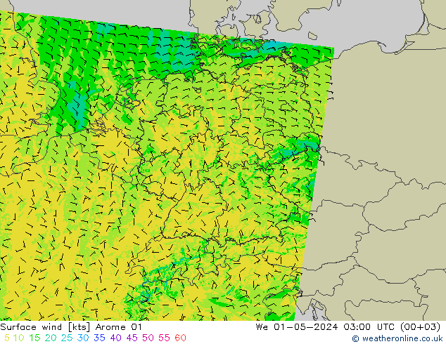 Vent 10 m Arome 01 mer 01.05.2024 03 UTC