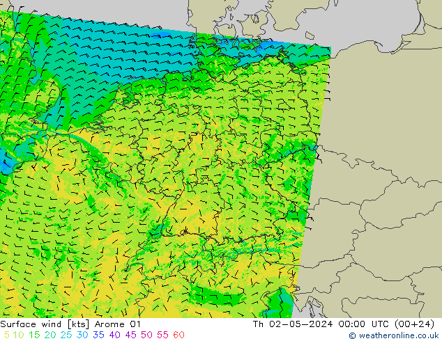 Surface wind Arome 01 Th 02.05.2024 00 UTC