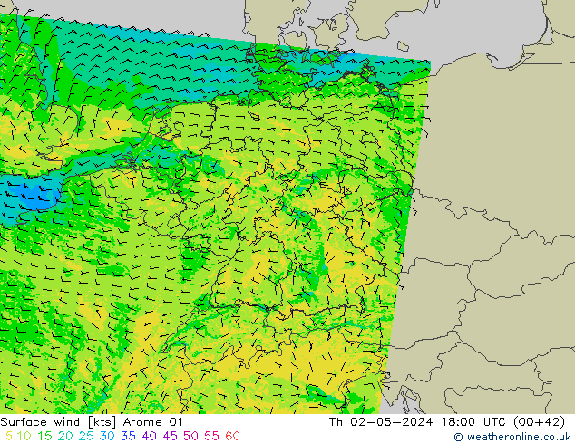 Surface wind Arome 01 Čt 02.05.2024 18 UTC