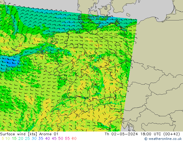 wiatr 10 m Arome 01 czw. 02.05.2024 18 UTC