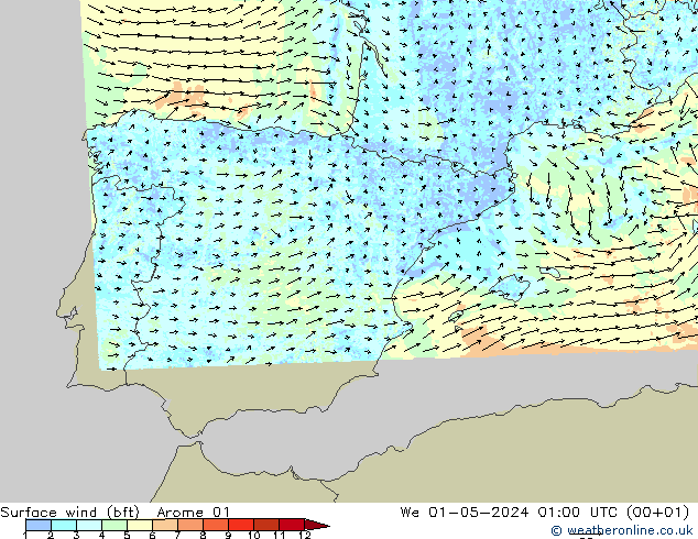 Surface wind (bft) Arome 01 We 01.05.2024 01 UTC