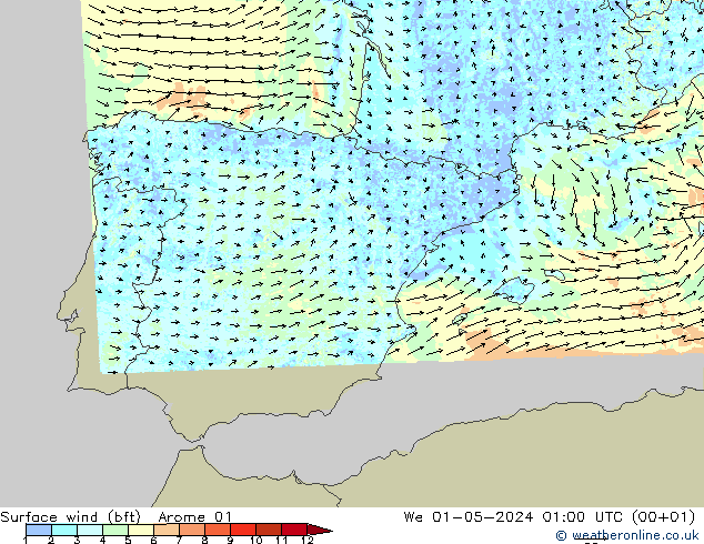 Viento 10 m (bft) Arome 01 mié 01.05.2024 01 UTC