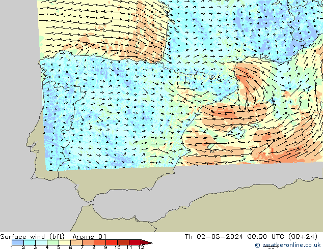 Wind 10 m (bft) Arome 01 do 02.05.2024 00 UTC