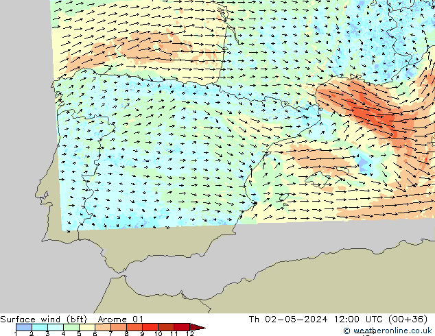 Vent 10 m (bft) Arome 01 jeu 02.05.2024 12 UTC