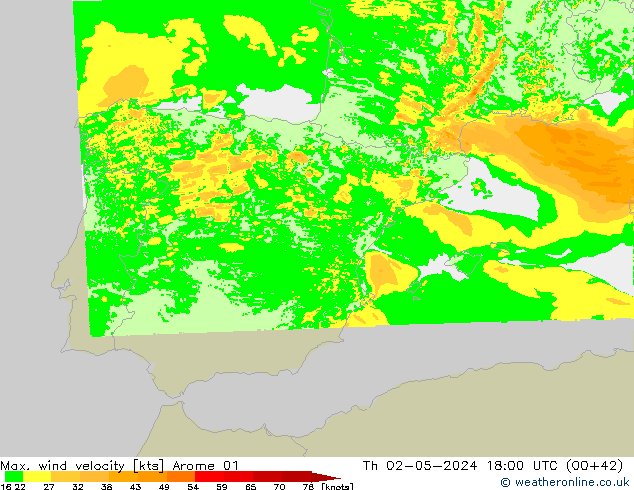 Max. wind velocity Arome 01 Th 02.05.2024 18 UTC