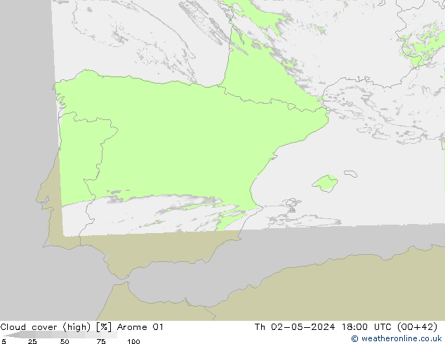 Cloud cover (high) Arome 01 Th 02.05.2024 18 UTC