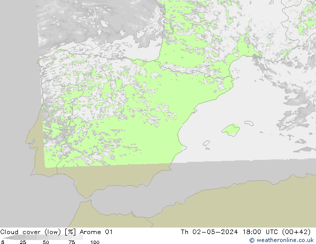 Cloud cover (low) Arome 01 Th 02.05.2024 18 UTC