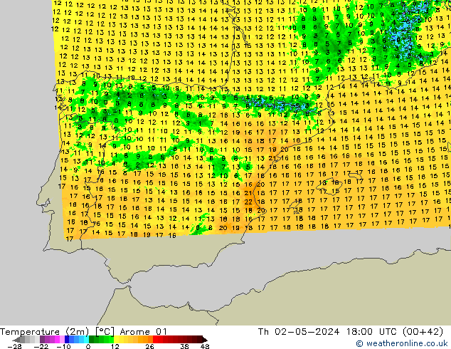 карта температуры Arome 01 чт 02.05.2024 18 UTC