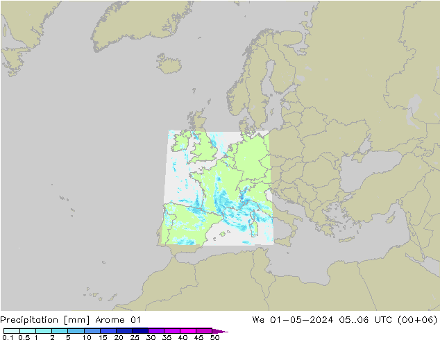 Srážky Arome 01 St 01.05.2024 06 UTC