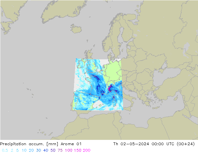 Precipitation accum. Arome 01 Th 02.05.2024 00 UTC