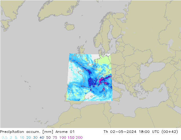 Totale neerslag Arome 01 do 02.05.2024 18 UTC