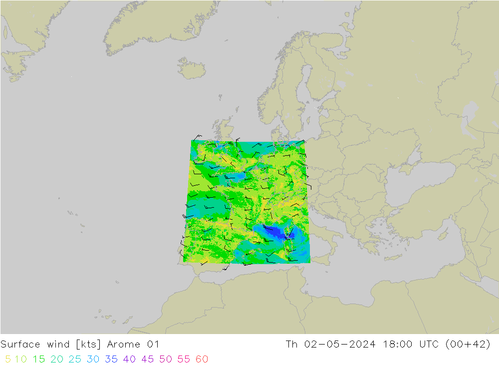 Vento 10 m Arome 01 gio 02.05.2024 18 UTC