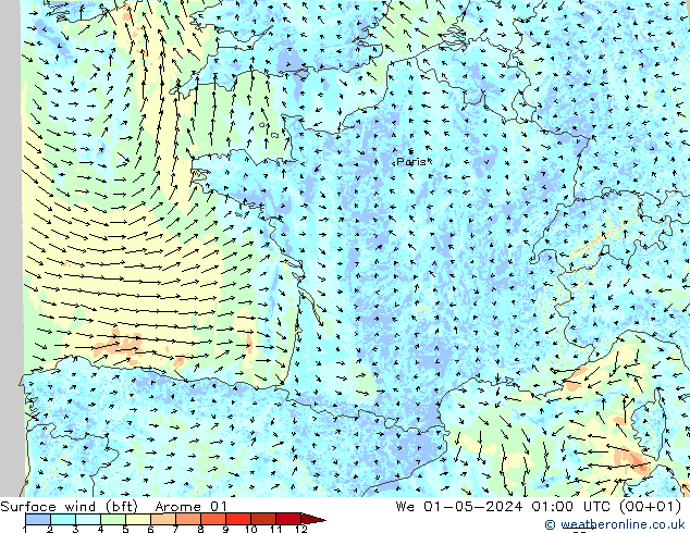 Vent 10 m (bft) Arome 01 mer 01.05.2024 01 UTC
