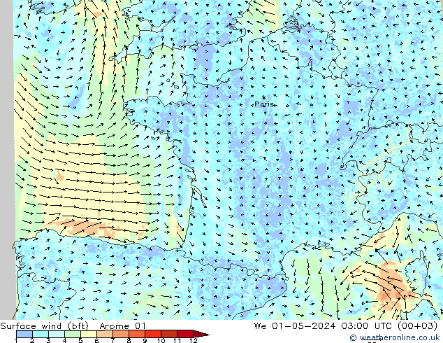 Surface wind (bft) Arome 01 We 01.05.2024 03 UTC