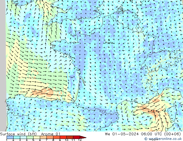 Surface wind (bft) Arome 01 We 01.05.2024 06 UTC