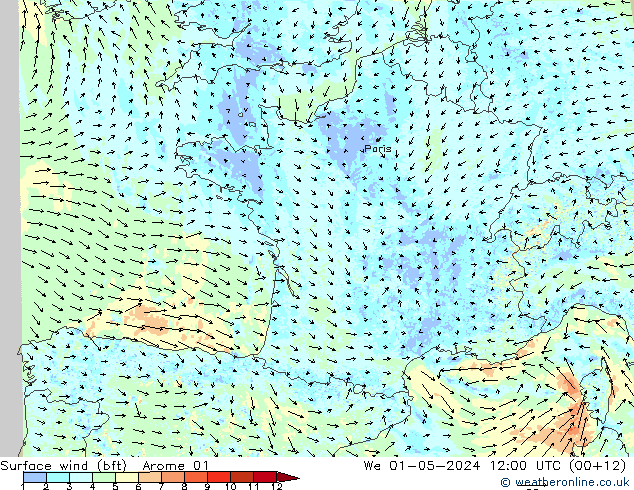 Surface wind (bft) Arome 01 We 01.05.2024 12 UTC