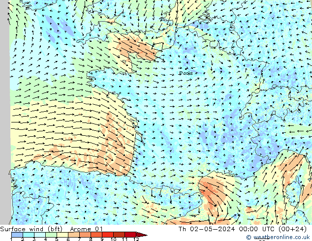 Surface wind (bft) Arome 01 Čt 02.05.2024 00 UTC