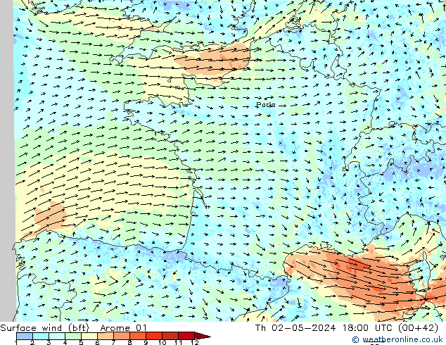 Surface wind (bft) Arome 01 Čt 02.05.2024 18 UTC