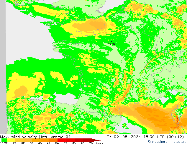 Max. wind velocity Arome 01 Qui 02.05.2024 18 UTC