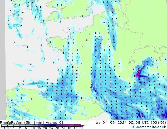 Precipitation (6h) Arome 01 We 01.05.2024 06 UTC