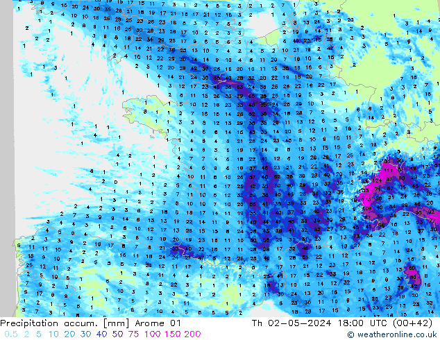 Nied. akkumuliert Arome 01 Do 02.05.2024 18 UTC