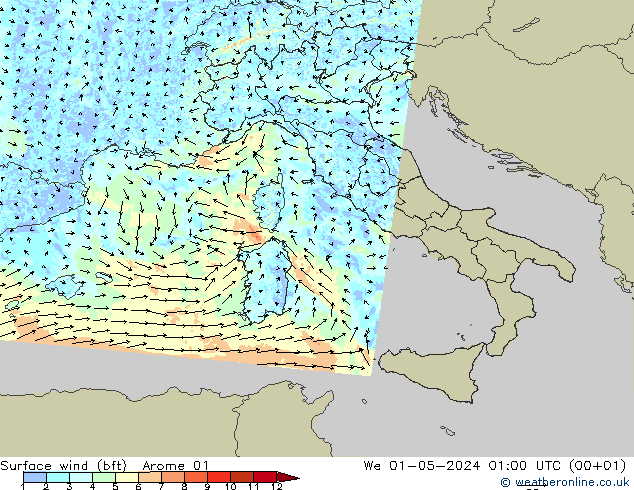 Wind 10 m (bft) Arome 01 wo 01.05.2024 01 UTC