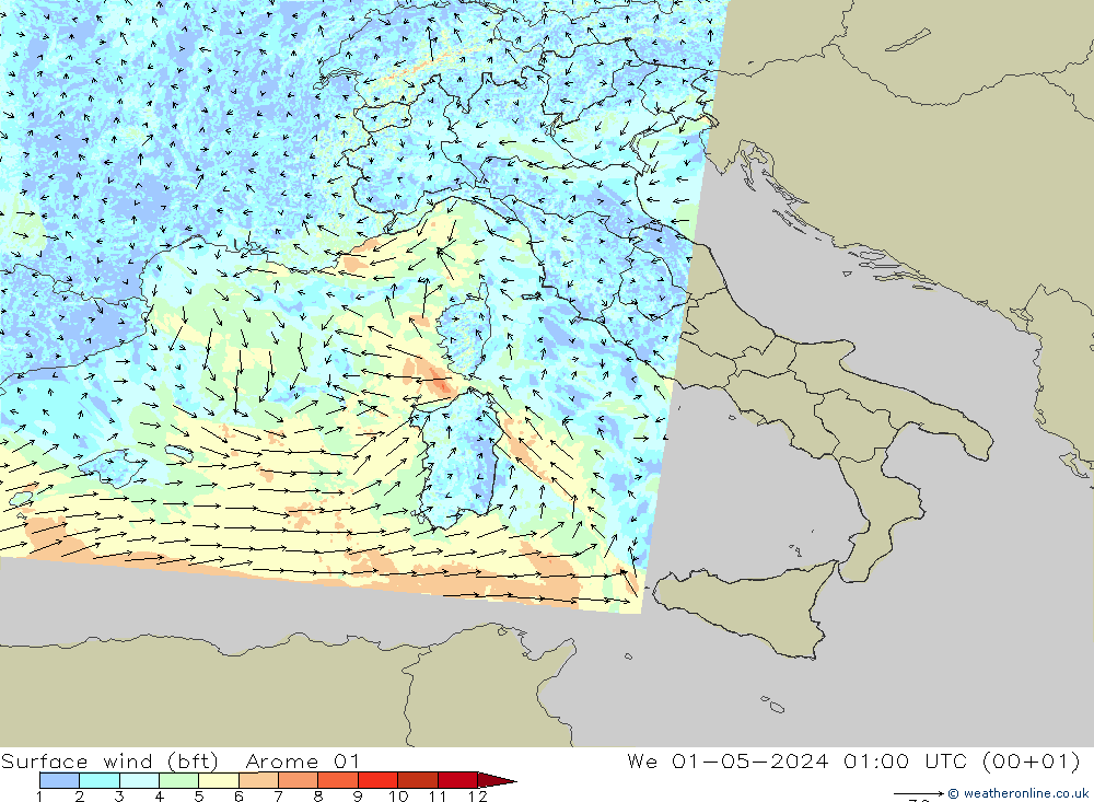 Vento 10 m (bft) Arome 01 mer 01.05.2024 01 UTC