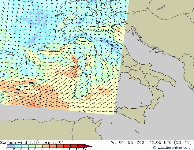 Surface wind (bft) Arome 01 We 01.05.2024 12 UTC