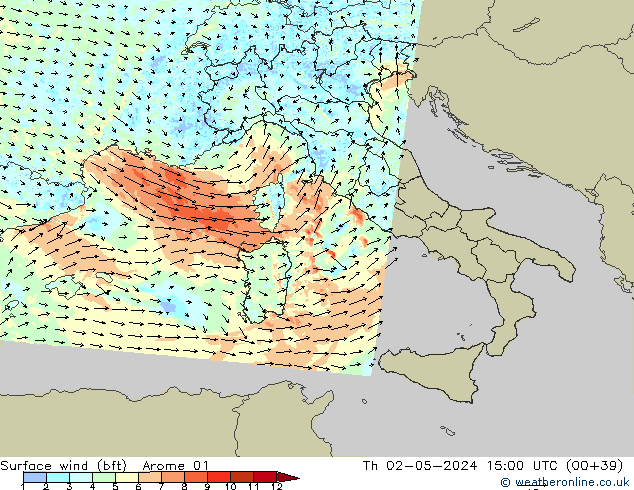 Surface wind (bft) Arome 01 Th 02.05.2024 15 UTC