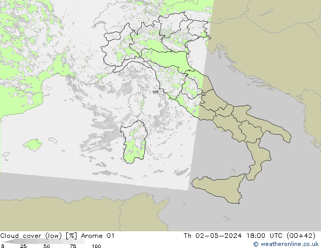 Cloud cover (low) Arome 01 Th 02.05.2024 18 UTC