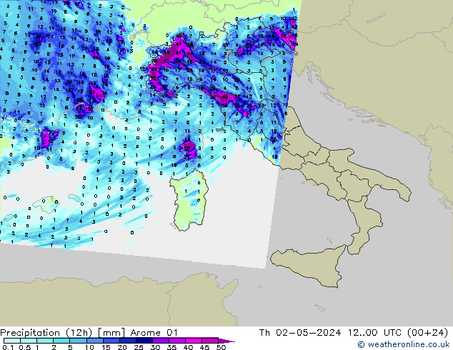 Precipitation (12h) Arome 01 Th 02.05.2024 00 UTC