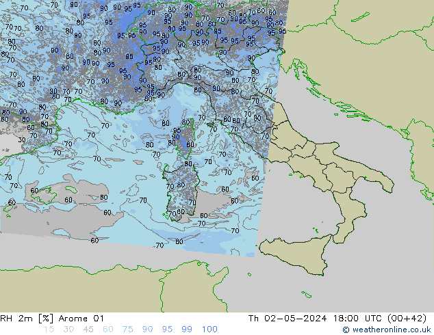 RH 2m Arome 01 Čt 02.05.2024 18 UTC