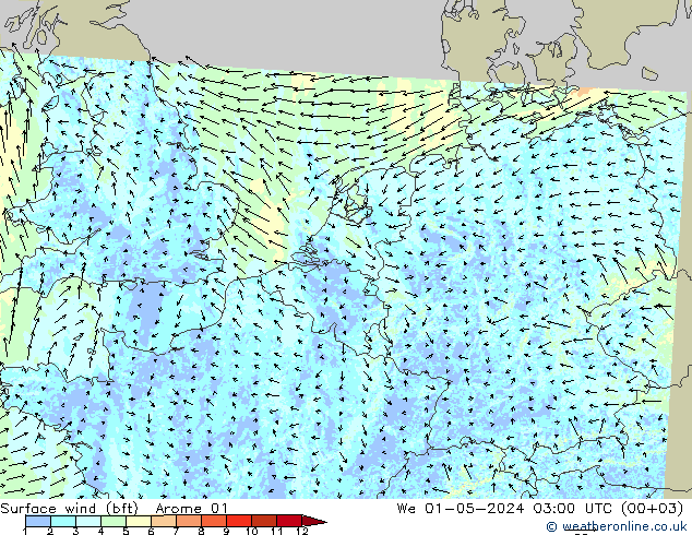 Surface wind (bft) Arome 01 We 01.05.2024 03 UTC