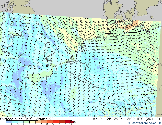 Surface wind (bft) Arome 01 We 01.05.2024 12 UTC