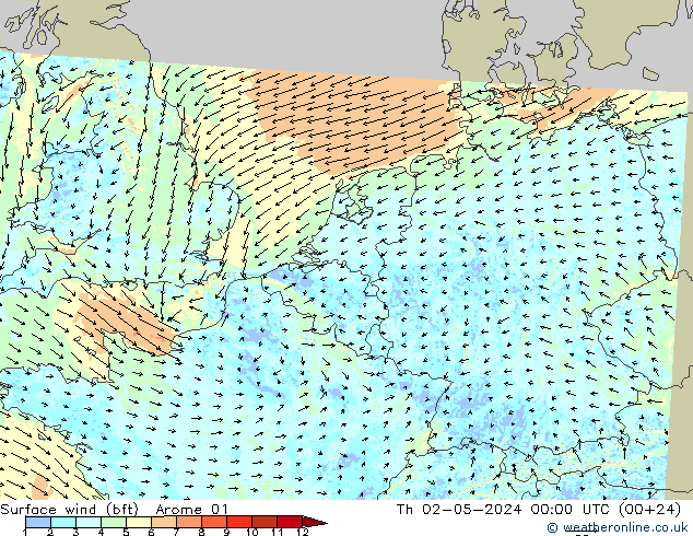 Wind 10 m (bft) Arome 01 do 02.05.2024 00 UTC