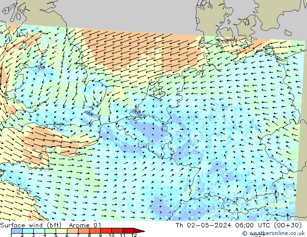 Surface wind (bft) Arome 01 Th 02.05.2024 06 UTC