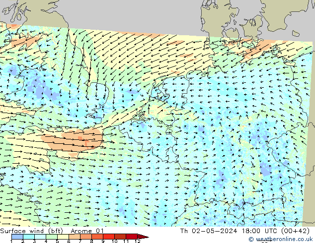 Surface wind (bft) Arome 01 Th 02.05.2024 18 UTC