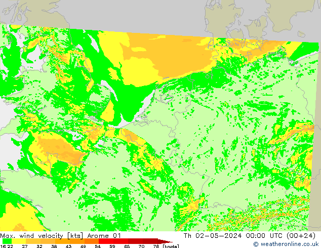 Max. wind velocity Arome 01 jue 02.05.2024 00 UTC