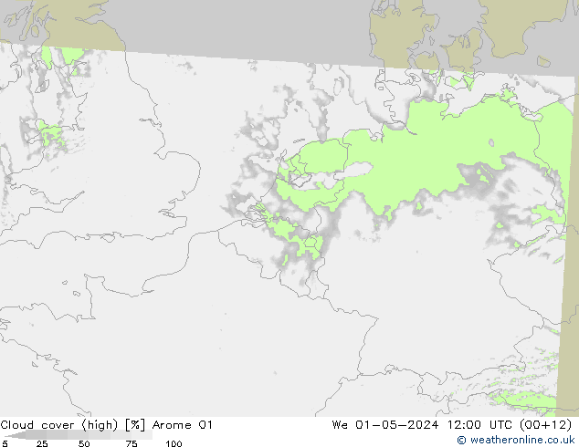 Cloud cover (high) Arome 01 We 01.05.2024 12 UTC