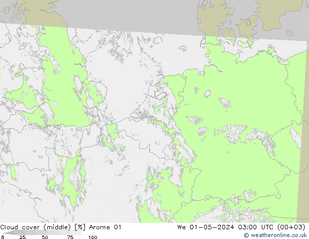 Cloud cover (middle) Arome 01 We 01.05.2024 03 UTC