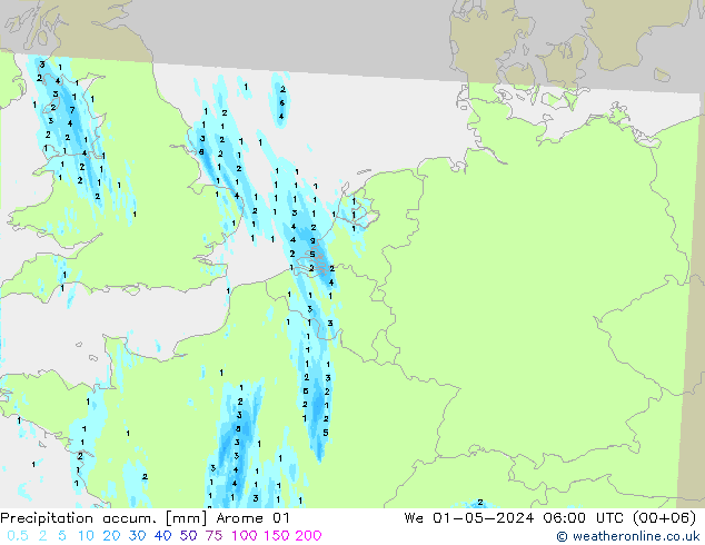 Nied. akkumuliert Arome 01 Mi 01.05.2024 06 UTC