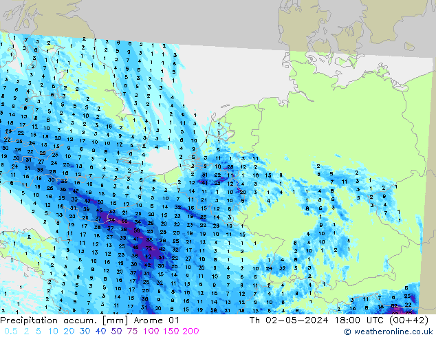 Nied. akkumuliert Arome 01 Do 02.05.2024 18 UTC