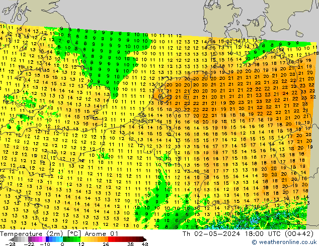 Temperaturkarte (2m) Arome 01 Do 02.05.2024 18 UTC