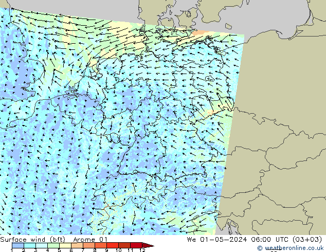 Vent 10 m (bft) Arome 01 mer 01.05.2024 06 UTC